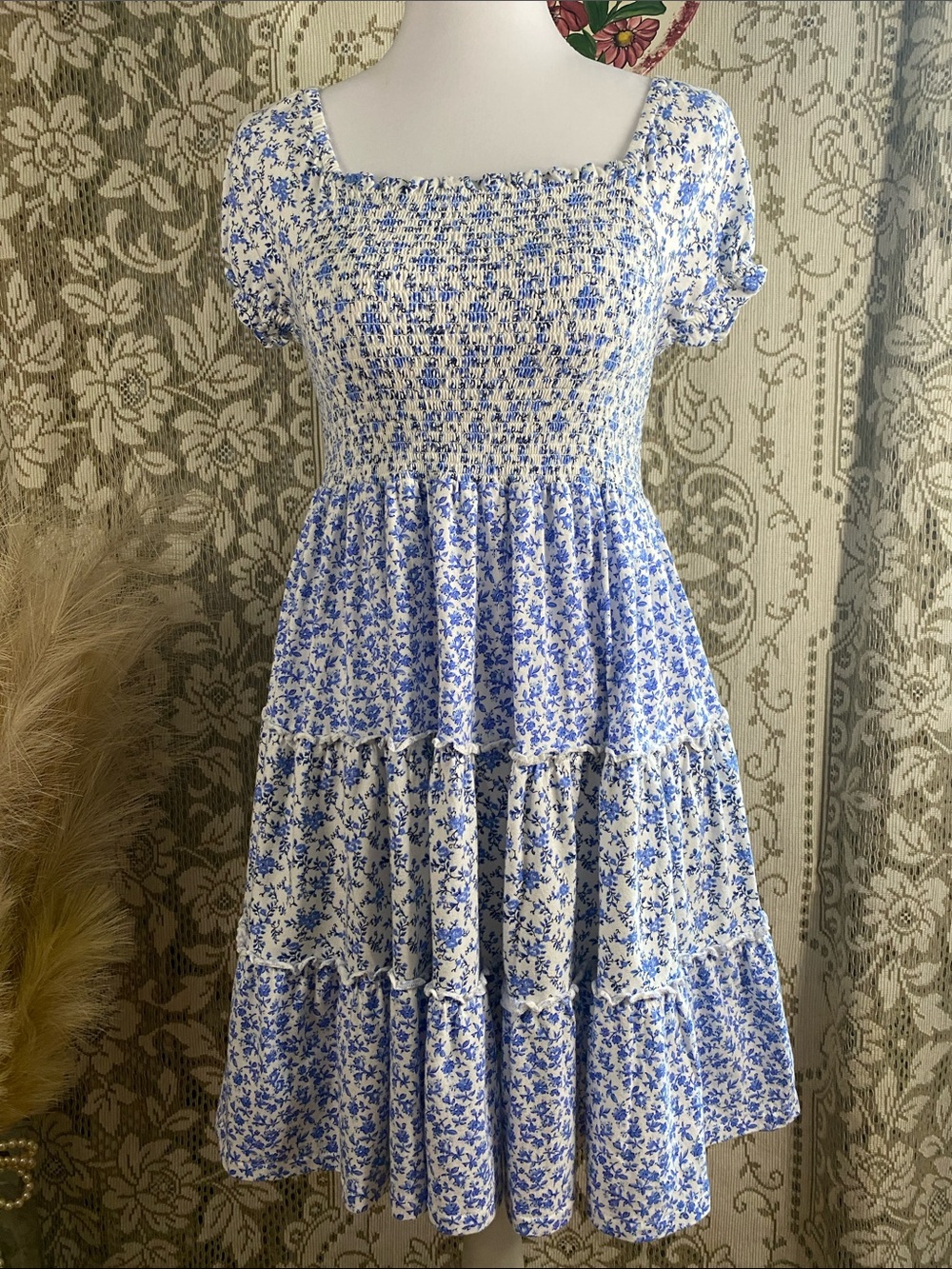 Girls Polo by Ralph Lauren White and Blue Smocked Floral Dress